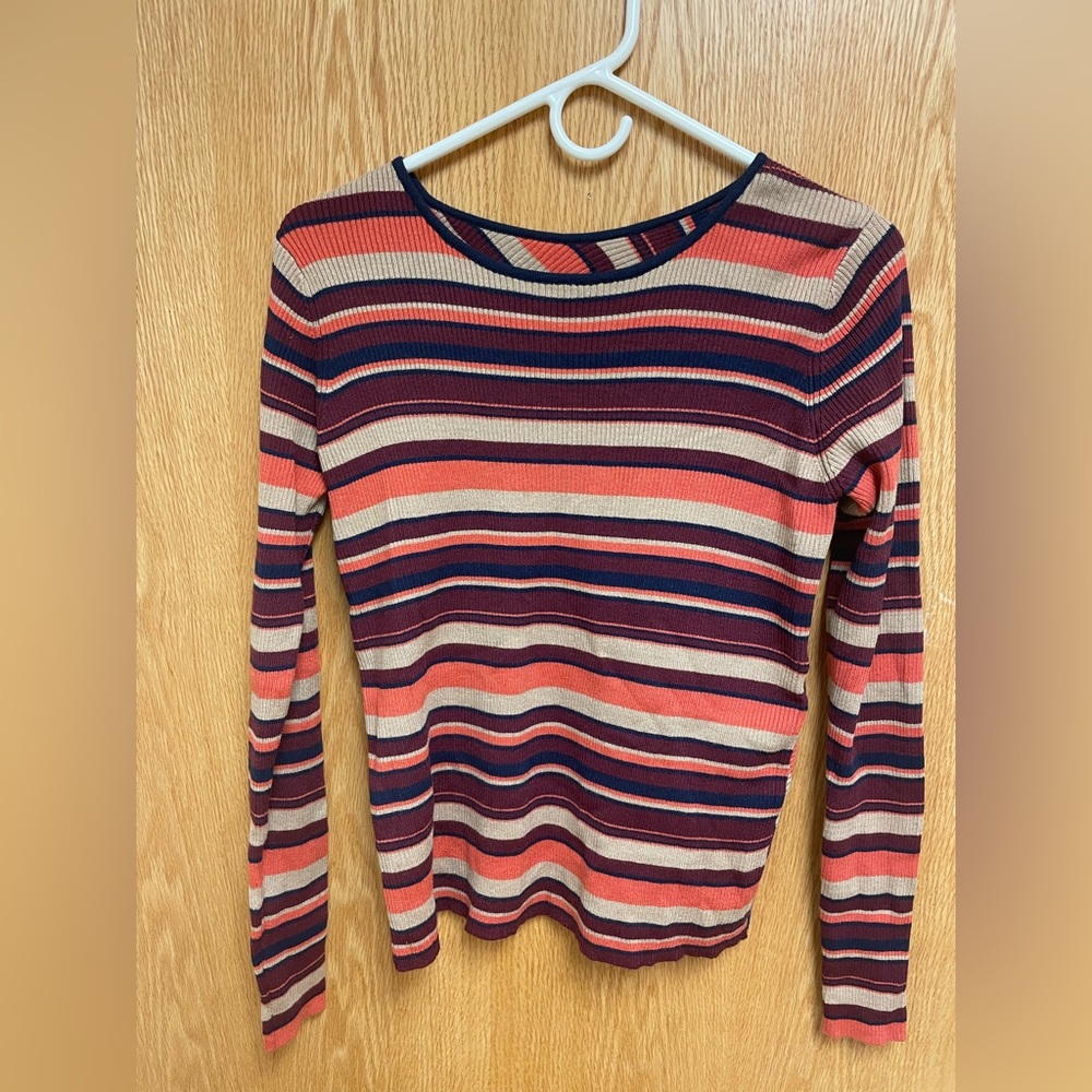 Kavu Red and Pink Striped Long Sleeve Crew Neck Blouse